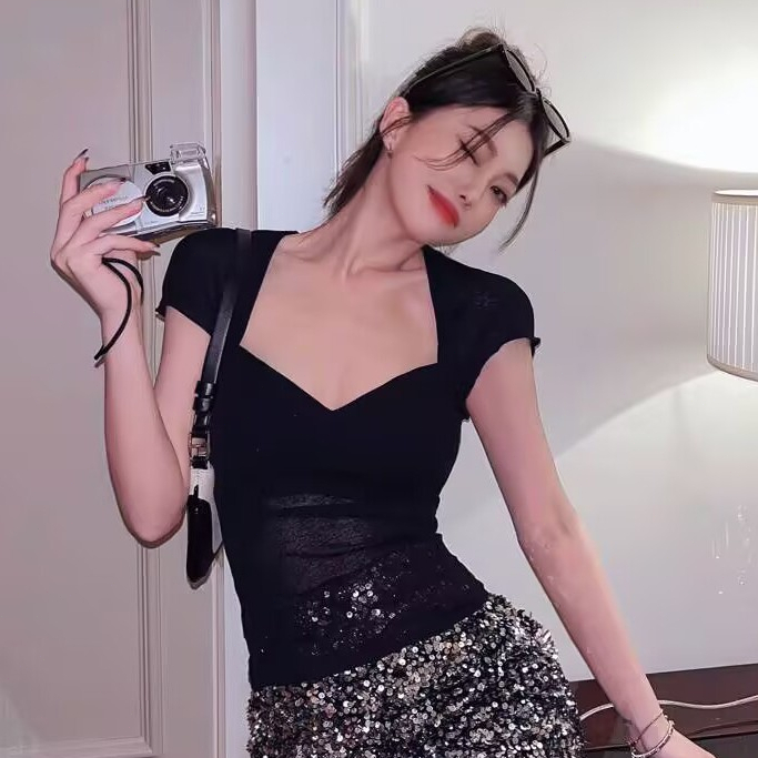 Áo thun cổ vuông mùa hè gợi cảm hở lưng nữ tay ngắn thanh lịch áo crop top