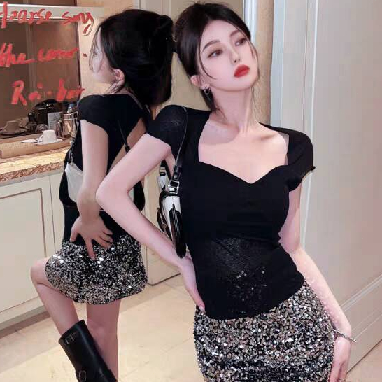 Áo thun cổ vuông mùa hè gợi cảm hở lưng nữ tay ngắn thanh lịch áo crop top