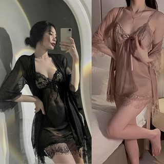 Set đồ ngủ sexy nữ gồm váy và áo choàng kiểu đầm 2 dây xuyên thấu có quần lót khiêu gợi，Kết cấu lụa thoải mái