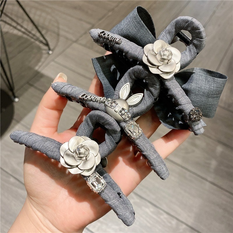 Kẹp Tóc Nữ Vải Màu Xám with Nơ Lớn & Thỏ Dễ Thương - Phụ Kiện Tóc Thời Trang