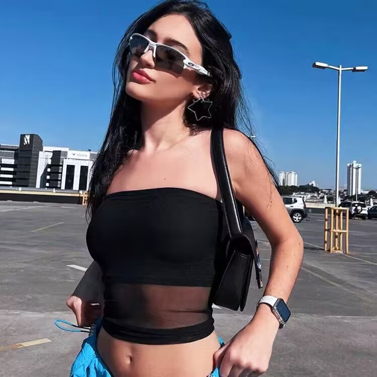 Lưới skinny đen crop top mùa hè gợi cảm không tay lệch vai paneled bandeau top