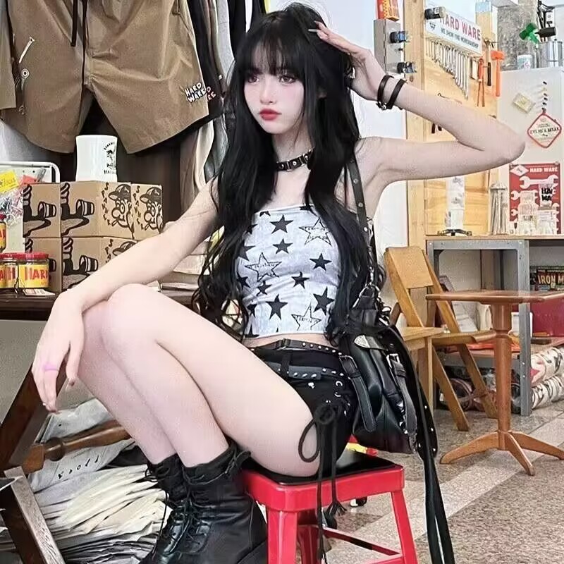 Xuân Hè Y2K thời trang mỏng vừa vặn crop quây áo dạo phố cổ điển Harajuku gothic không tay vest