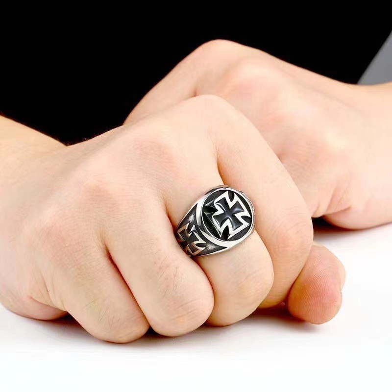 Retro S925 Bạc Cross Ring Nam Mở Có Thể Điều Chỉnh Chuyển Đổi Đen