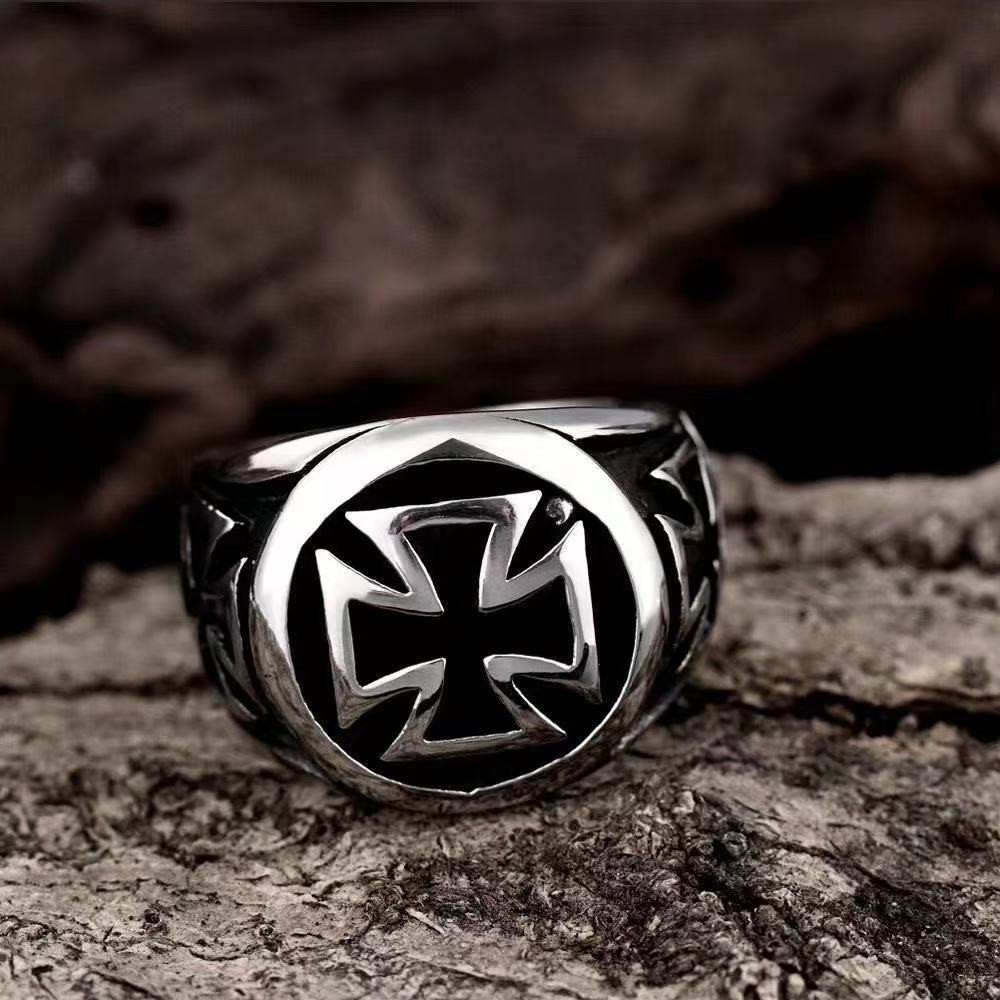 Retro S925 Bạc Cross Ring Nam Mở Có Thể Điều Chỉnh Chuyển Đổi Đen