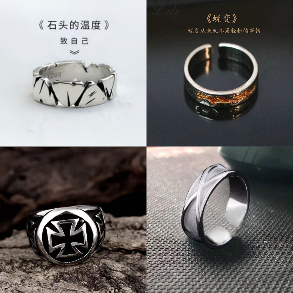 Retro S925 Bạc Cross Ring Nam Mở Có Thể Điều Chỉnh Chuyển Đổi Đen