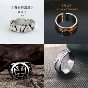 Retro S925 Bạc Cross Ring Nam Mở Có Thể Điều Chỉnh Chuyển Đổi Đen