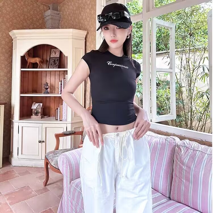 Ins Nữ Mùa Hè In Chữ Ngắn Tay Cô Gái Cay Mở Ôm Cổ Tròn Áo Thun Nữ
