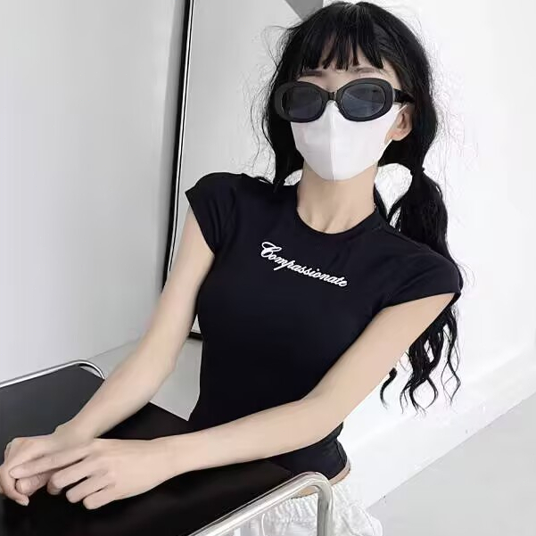 Ins Nữ Mùa Hè In Chữ Ngắn Tay Cô Gái Cay Mở Ôm Cổ Tròn Áo Thun Nữ