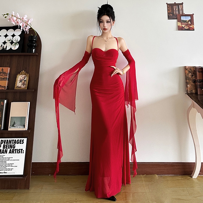 Cutenew Váy Maxi Gợi Cảm Dây Dài Tay Lưng Skinny Chắc Chắn Quấn Mông Cá Tính Hot Chick Nhìn Mỏng Hơn Phong Cách Không Khí Đa Năng