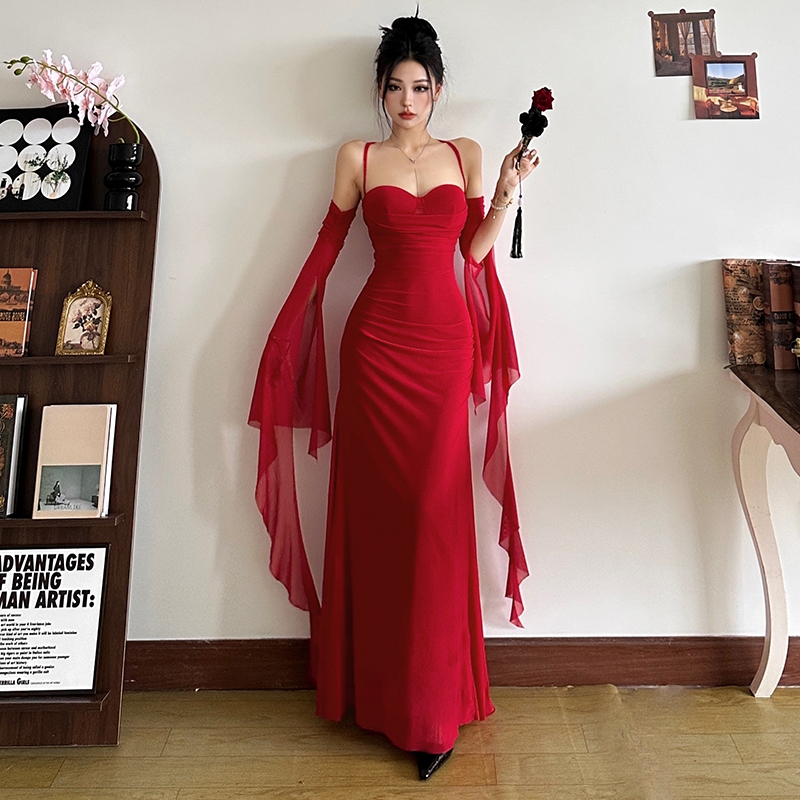 Cutenew Váy Maxi Gợi Cảm Dây Dài Tay Lưng Skinny Chắc Chắn Quấn Mông Cá Tính Hot Chick Nhìn Mỏng Hơn Phong Cách Không Khí Đa Năng