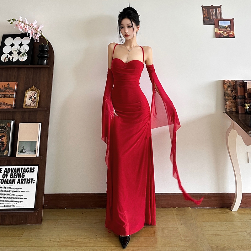 Cutenew Váy Maxi Gợi Cảm Dây Dài Tay Lưng Skinny Chắc Chắn Quấn Mông Cá Tính Hot Chick Nhìn Mỏng Hơn Phong Cách Không Khí Đa Năng