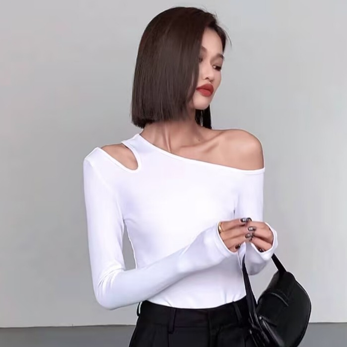 Áo thun dài tay lệch vai màu trơn gợi cảm, thời trang, thon gọn, áo cổ không đều