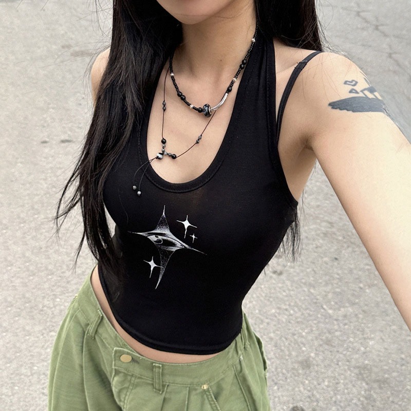 Áo vest cổ dây in hình cổ điển Cool Girl Y2k Mắt quỷ thời trang mùa hè giảm béo crop top