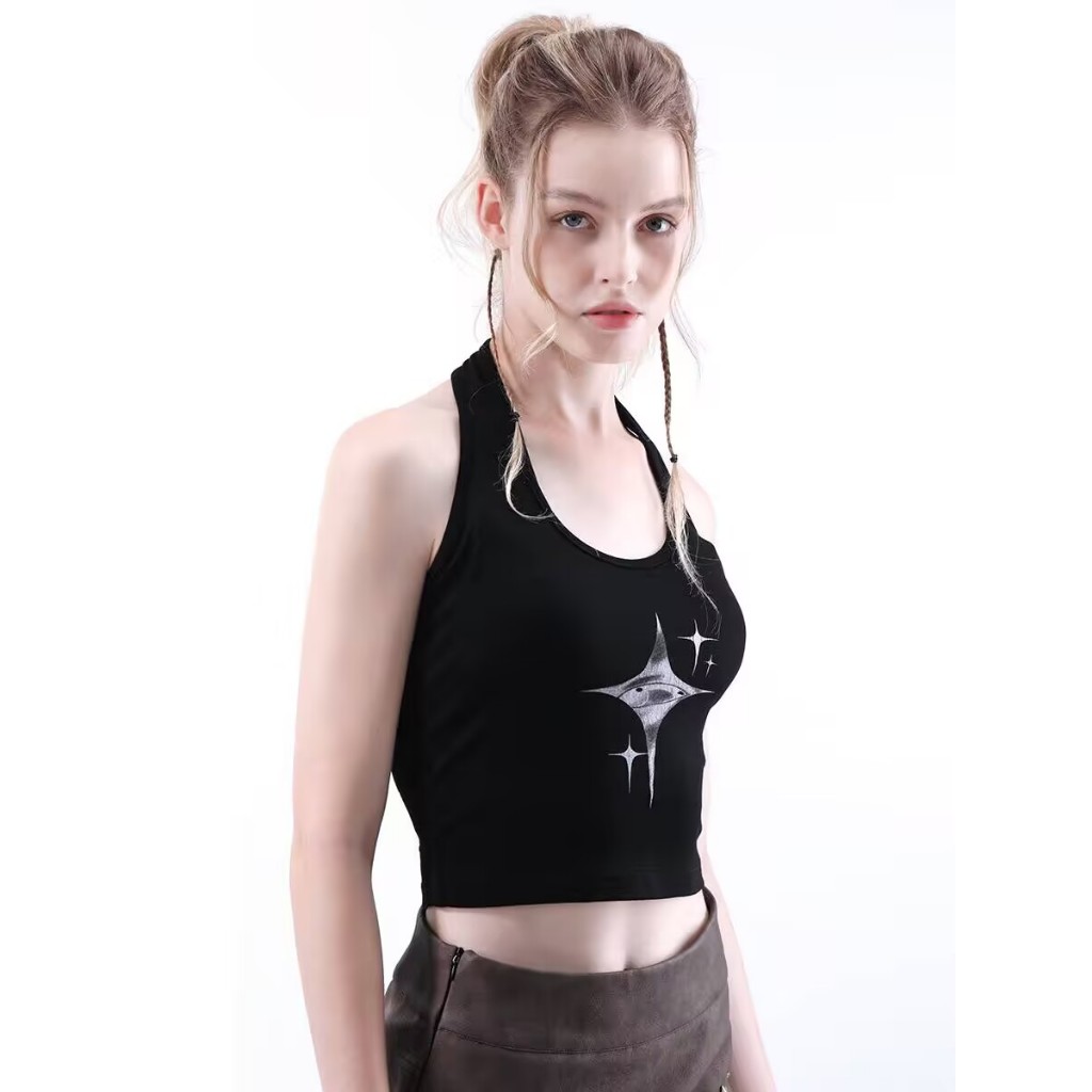 Áo vest cổ dây in hình cổ điển Cool Girl Y2k Mắt quỷ thời trang mùa hè giảm béo crop top