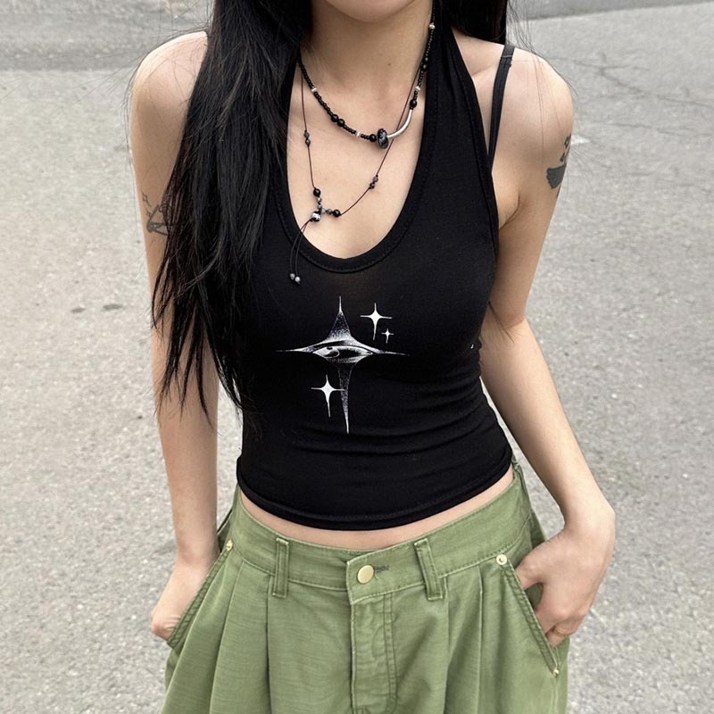 Áo vest cổ dây in hình cổ điển Cool Girl Y2k Mắt quỷ thời trang mùa hè giảm béo crop top