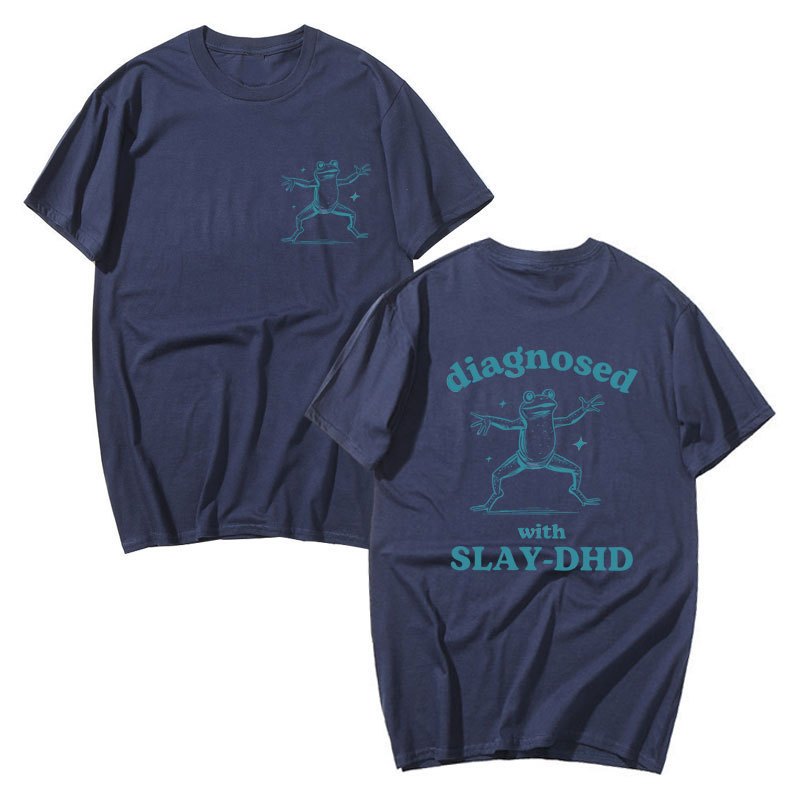 Chẩn đoán với Slay-DHD Ếch Đồ Họa Áo Mùa Hè Nam Nữ Tay Ngắn Phổ Biến Cotton Quá Khổ Ngộ nghĩnh Áo Dạo Phố
