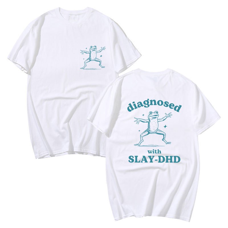 Chẩn đoán với Slay-DHD Ếch Đồ Họa Áo Mùa Hè Nam Nữ Tay Ngắn Phổ Biến Cotton Quá Khổ Ngộ nghĩnh Áo Dạo Phố