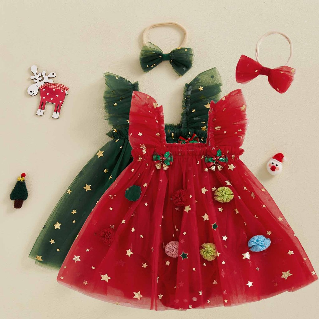 / / -Baby Girls Bobbles Ringing Bells Trang trí lưới viền áo liền quần không tay có băng đô Quần áo Giáng sinh sơ sinh