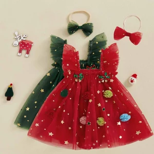 / / -Baby Girls Bobbles Ringing Bells Trang trí lưới viền áo liền quần không tay có băng đô Quần áo Giáng sinh sơ sinh