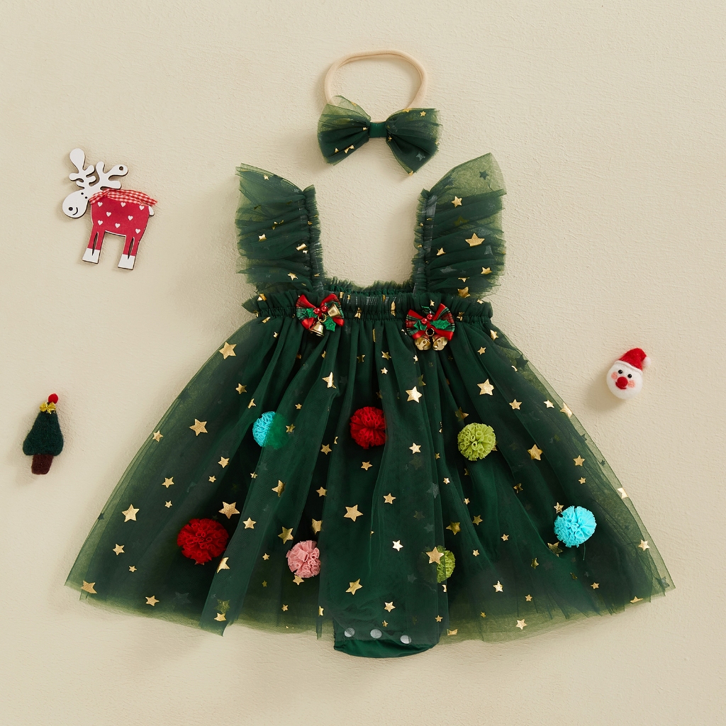 / / -Baby Girls Bobbles Ringing Bells Trang trí lưới viền áo liền quần không tay có băng đô Quần áo Giáng sinh sơ sinh