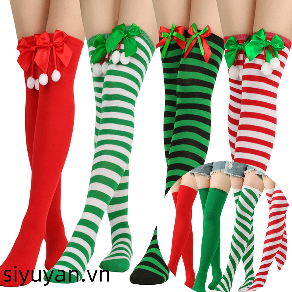 Siyuyan Mới Giáng Sinh Tất Sọc Dài Tất Đầu Gối Đùi Cao Cấp Nữ Sinh Halloween JK Đồng Phục Giáng Sinh Cosplay Phụ Kiện VN