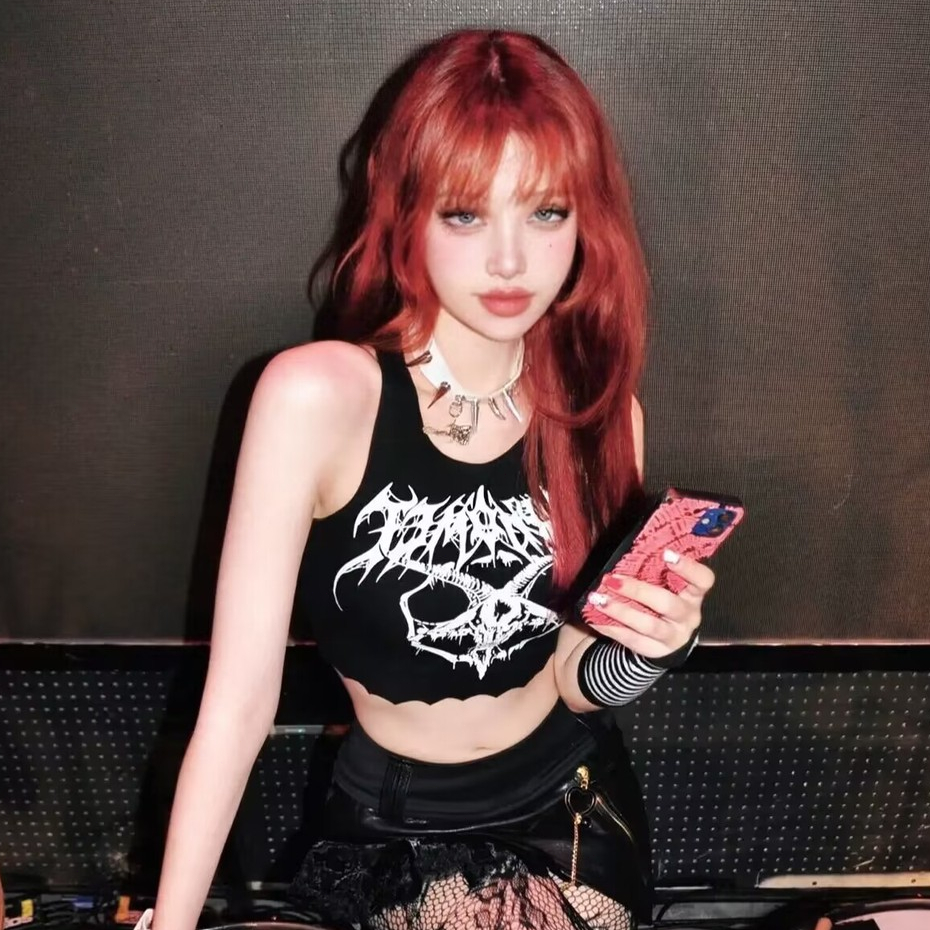 Y2K Áo crop top phong cách đậm màu Gothic mới dành cho nữ in màu trắng bó sát và áo vest không tay đa năng