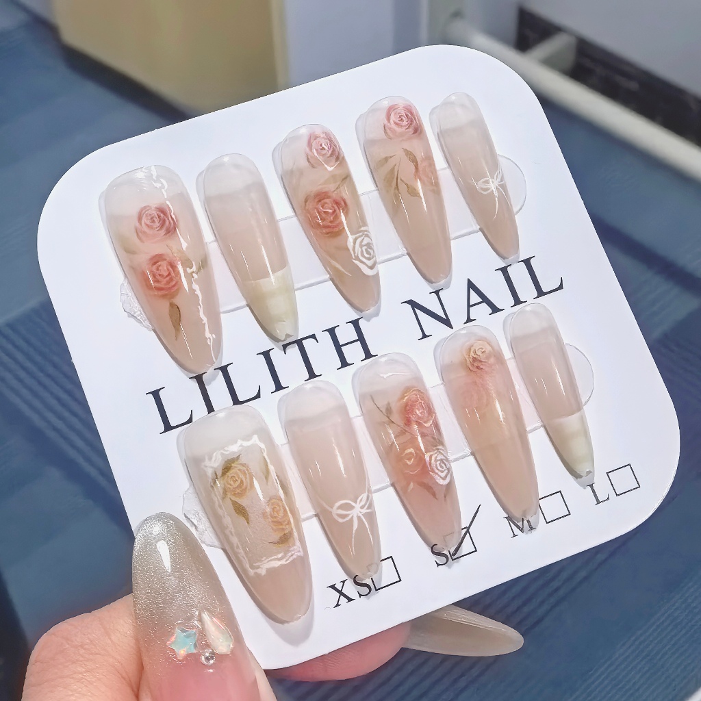 Pháp Hoa Hồng Pháp Móng Tay Giả Móng Tay Giả Nailbox Làm Móng Miếng Dán Hoa Hồng Mũi Nhọn Móng Tay Giả