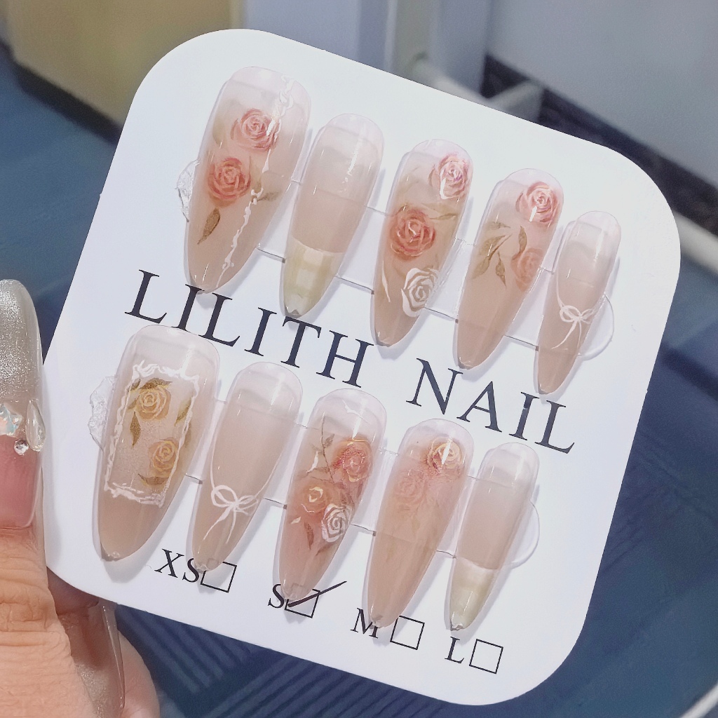 Pháp Hoa Hồng Pháp Móng Tay Giả Móng Tay Giả Nailbox Làm Móng Miếng Dán Hoa Hồng Mũi Nhọn Móng Tay Giả