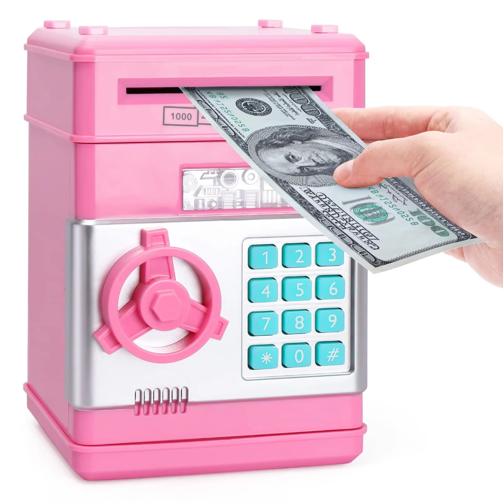 Ngân hàng heo đất màu đen cho trẻ em, Đồng xu tiền mặt ATM điện tử có thể tiết kiệm tiền kèm mật khẩu, Bình đựng tiền an toàn cho trẻ em với ô tô