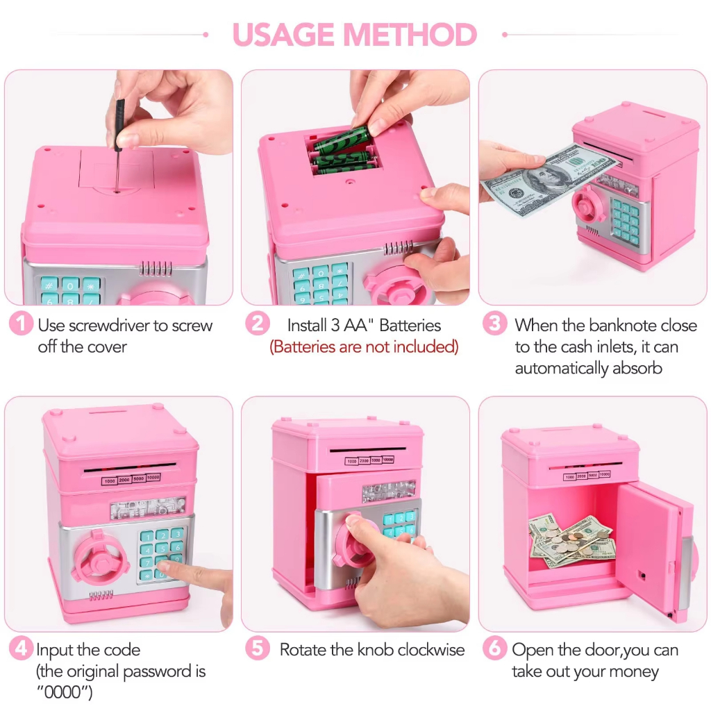 Ngân hàng heo đất màu đen cho trẻ em, Đồng xu tiền mặt ATM điện tử có thể tiết kiệm tiền kèm mật khẩu, Bình đựng tiền an toàn cho trẻ em với ô tô