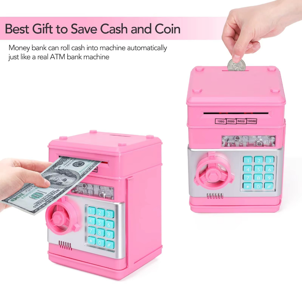 Ngân hàng heo đất màu đen cho trẻ em, Đồng xu tiền mặt ATM điện tử có thể tiết kiệm tiền kèm mật khẩu, Bình đựng tiền an toàn cho trẻ em với ô tô
