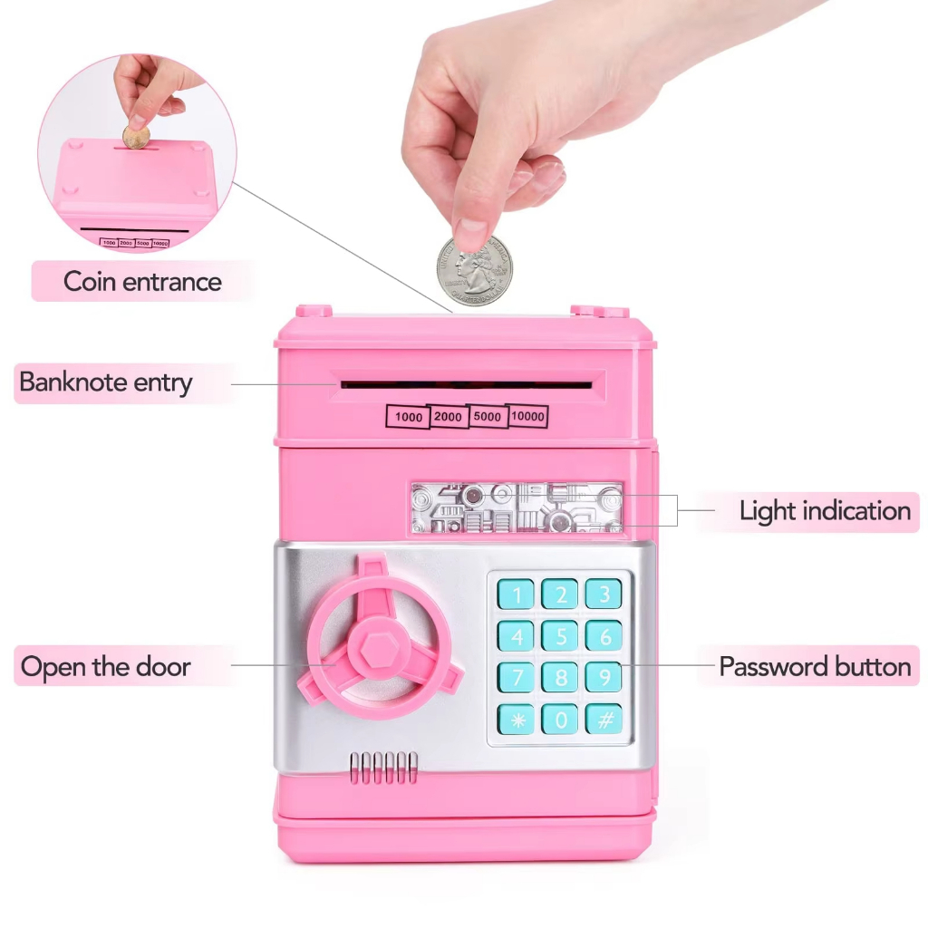 Ngân hàng heo đất màu đen cho trẻ em, Đồng xu tiền mặt ATM điện tử có thể tiết kiệm tiền kèm mật khẩu, Bình đựng tiền an toàn cho trẻ em với ô tô