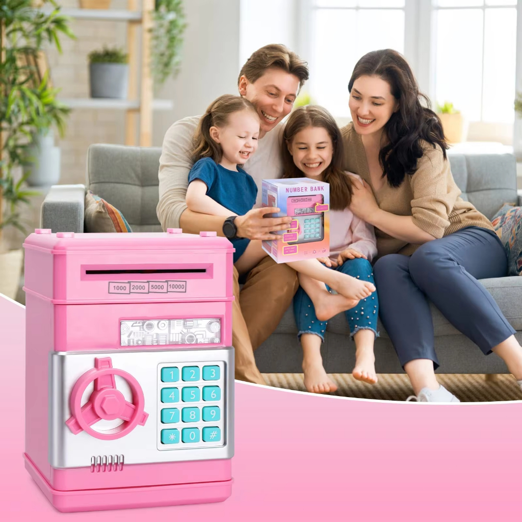 Ngân hàng heo đất màu đen cho trẻ em, Đồng xu tiền mặt ATM điện tử có thể tiết kiệm tiền kèm mật khẩu, Bình đựng tiền an toàn cho trẻ em với ô tô