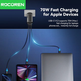 Rocoren GAN 70W USB C Sạc Du Lịch Di Động Sạc Nhanh PD QC 3.0 Sạc Nhanh Cho iPhone 17 Pro Max Laptop