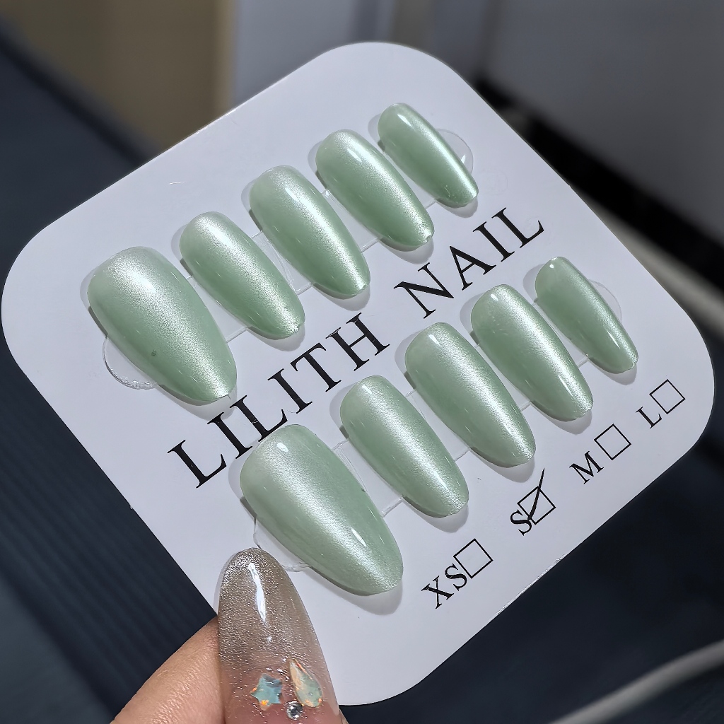 Ngắn Hạnh Nhân Ngắn Xanh Mắt Mèo Móng Tay Giả Móng Tay Móng Tay Móng Tay Móng Tay Miếng Dán Mắt Mèo Nhọn Móng Tay Giả Màu Trơn