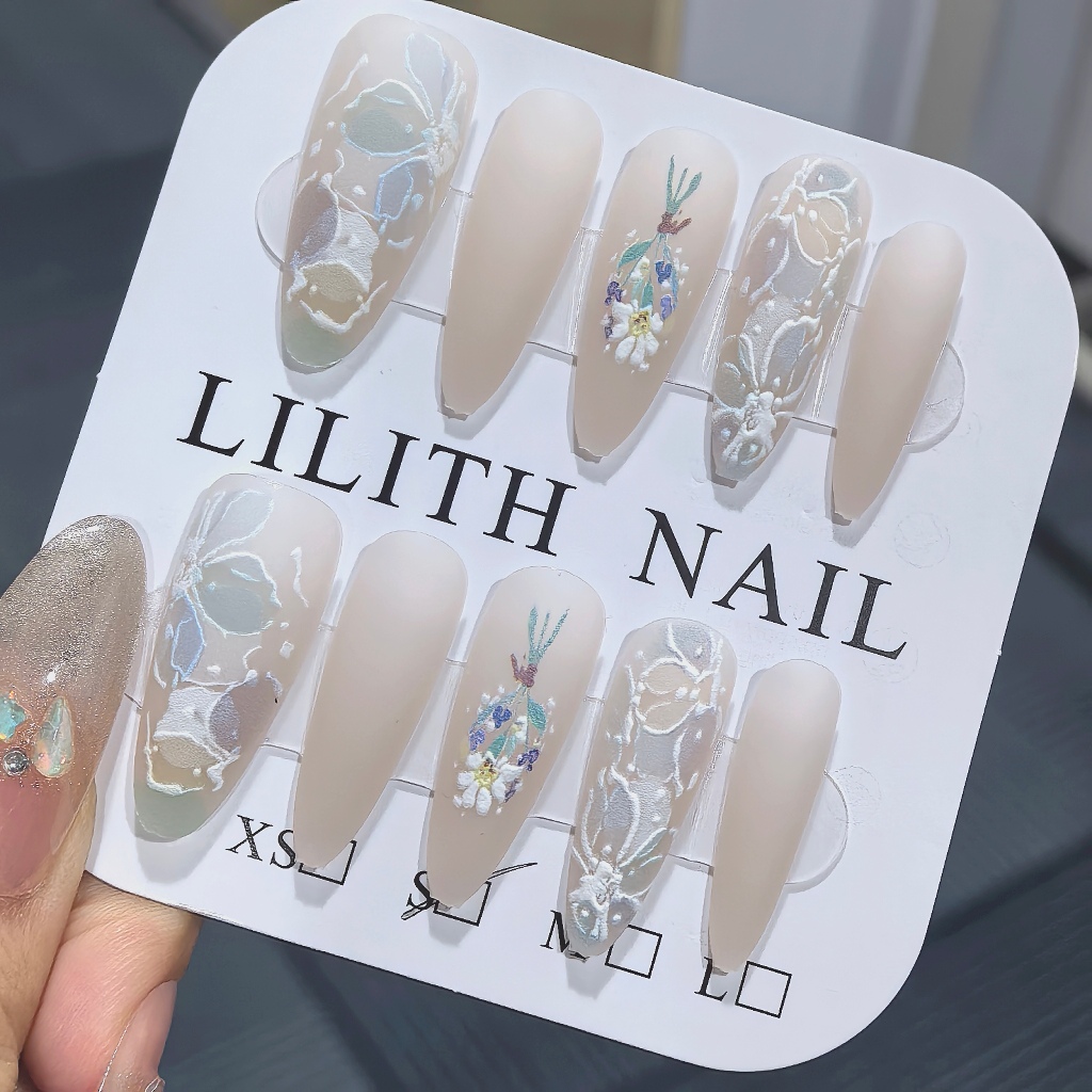 P Thanh Lịch Nianhua Ngón Tay Móng Tay Giả Hộp Móng Tay Miếng Dán Làm Móng Tay Mờ Ba Chiều Hoa Nhọn Giả