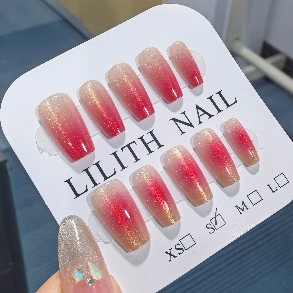 Blush Gradient Mắt Mèo Móng Tay Giả Móng Tay Móng Tay Giả Hộp Móng Tay Miếng Dán Móng Tay Mắt Mèo Gradient Thang Ngắn Móng Tay Giả