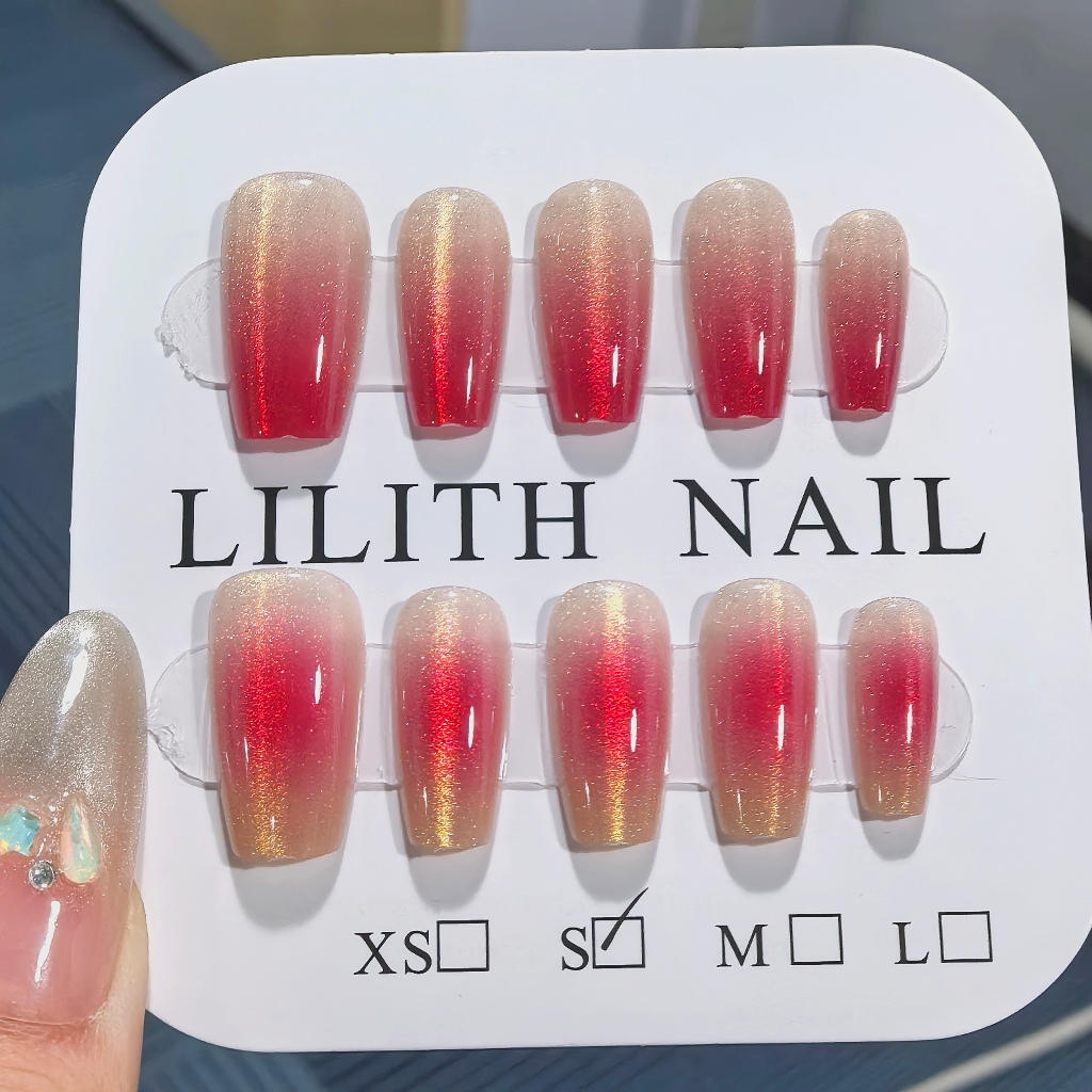 Blush Gradient Mắt Mèo Móng Tay Giả Móng Tay Móng Tay Giả Hộp Móng Tay Miếng Dán Móng Tay Mắt Mèo Gradient Thang Ngắn Móng Tay Giả