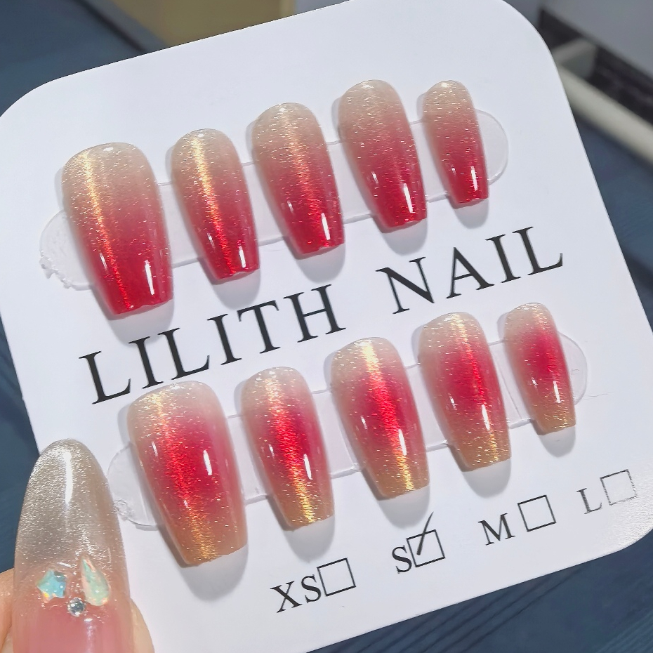 Blush Gradient Mắt Mèo Móng Tay Giả Móng Tay Móng Tay Giả Hộp Móng Tay Miếng Dán Móng Tay Mắt Mèo Gradient Thang Ngắn Móng Tay Giả