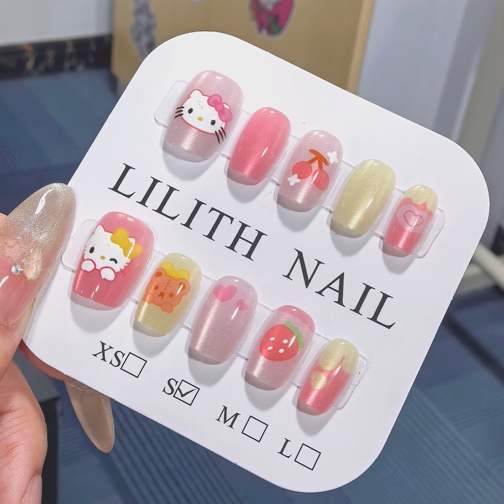 Cherry Kitty Mắt Mèo Móng Tay Giả Móng Tay Móng Tay Móng Tay Móng Tay Miếng Dán Mắt Mèo HelloKitty Hoạt Hình Tình Yêu Dâu