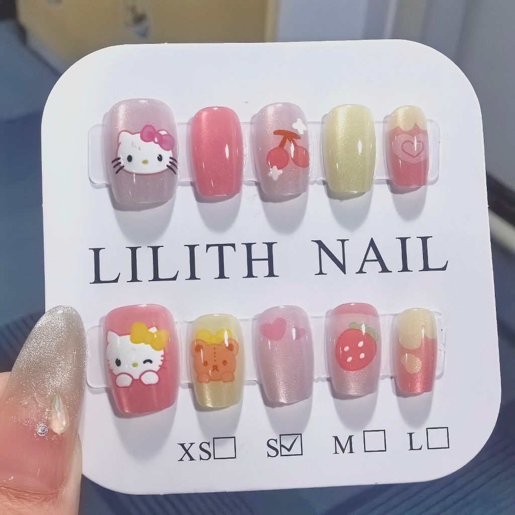 Cherry Kitty Mắt Mèo Móng Tay Giả Móng Tay Móng Tay Móng Tay Móng Tay Miếng Dán Mắt Mèo HelloKitty Hoạt Hình Tình Yêu Dâu