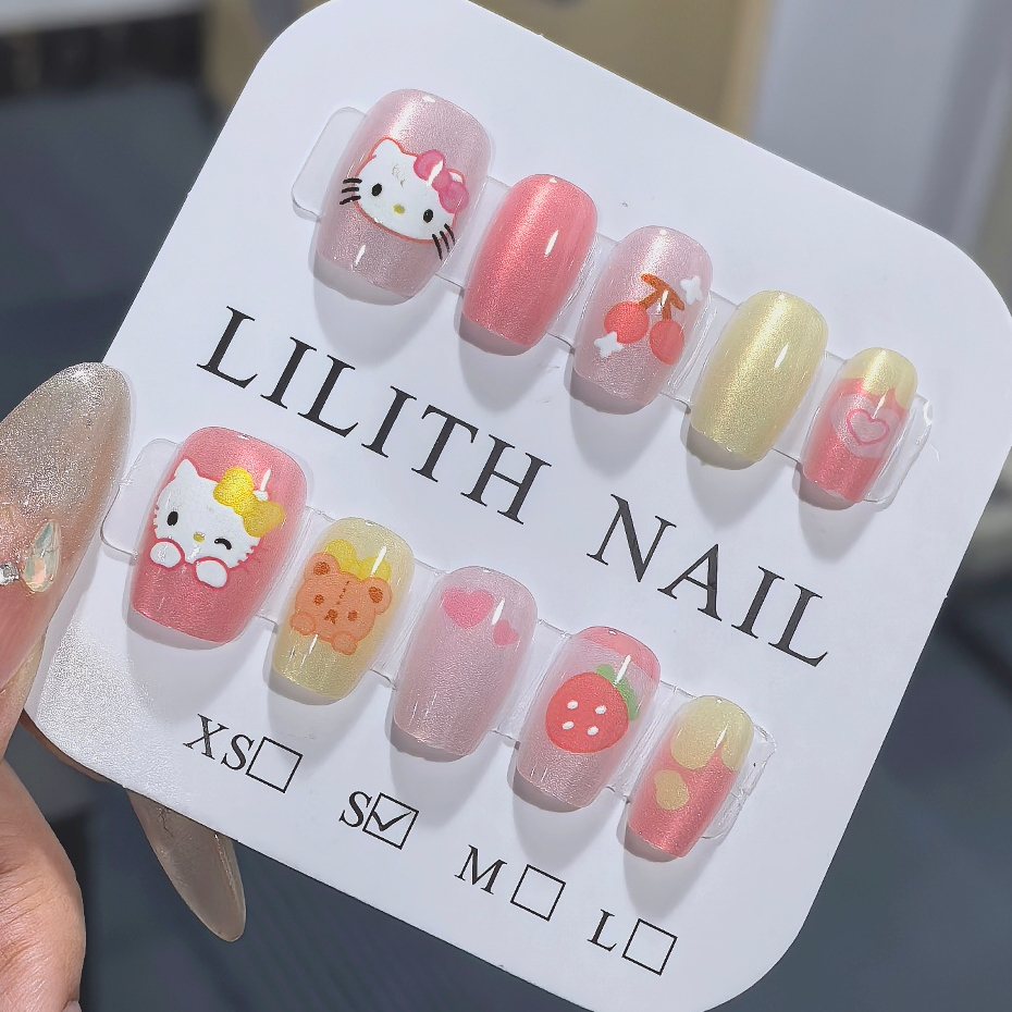 Cherry Kitty Mắt Mèo Móng Tay Giả Móng Tay Móng Tay Móng Tay Móng Tay Miếng Dán Mắt Mèo HelloKitty Hoạt Hình Tình Yêu Dâu