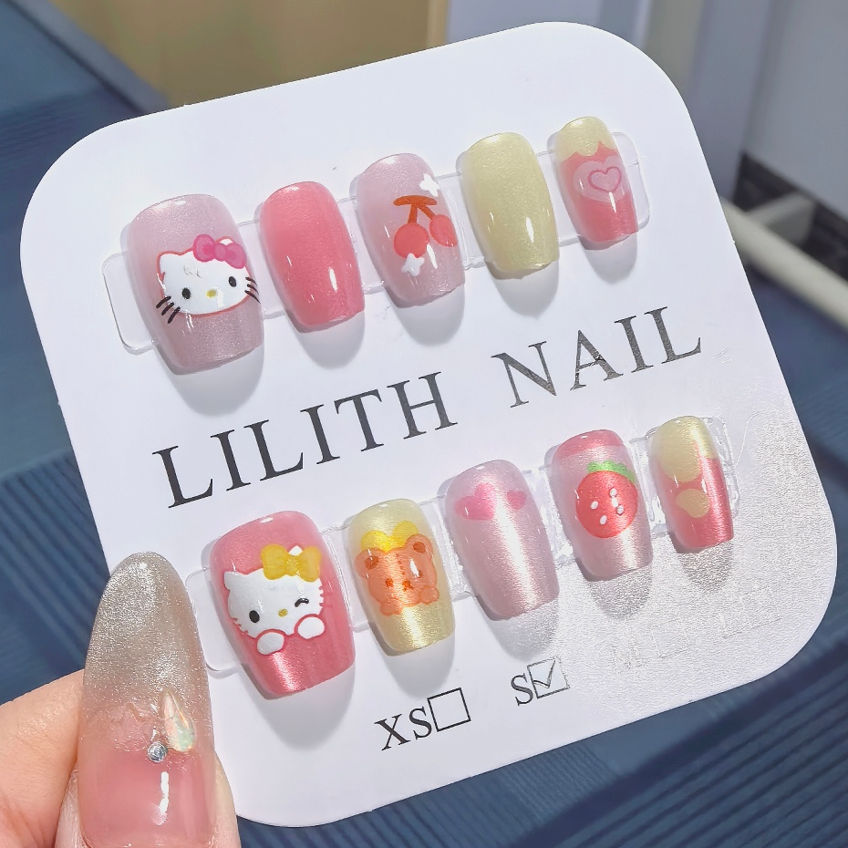 Cherry Kitty Mắt Mèo Móng Tay Giả Móng Tay Móng Tay Móng Tay Móng Tay Miếng Dán Mắt Mèo HelloKitty Hoạt Hình Tình Yêu Dâu