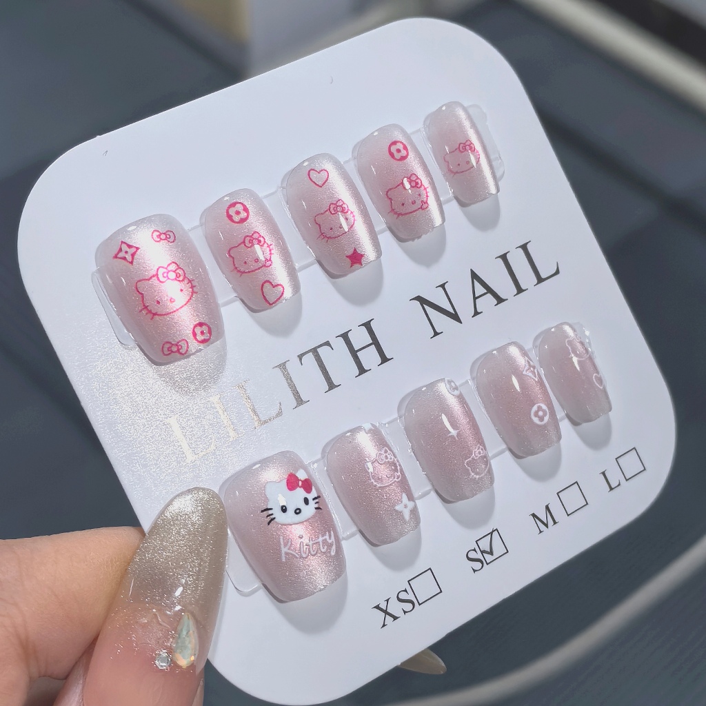 Nhấp Nháy KT móng tay giả mắt mèo Móng Tay Móng Tay Móng Tay Miếng Dán Mắt Mèo HelloKitty Gradient Blush