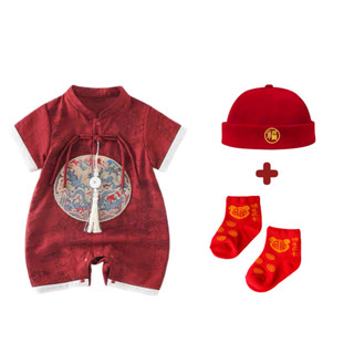 Quần áo trẻ sơ sinh Tết Nguyên Đán Kid Sườn xám Jumsuit – Bộ áo liền quần Cotton cho trẻ sơ sinh Bộ ba mảnh (0-24 tháng)