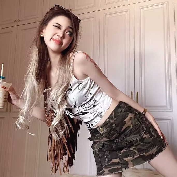 Áo vest in hình cô gái cay gợi cảm kiểu Mỹ mùa hè sang trọng không tay bên trong và bên ngoài áo ngắn