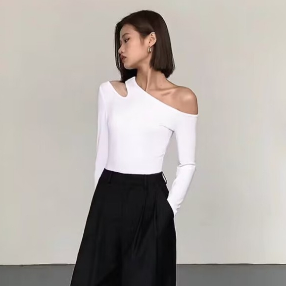 Áo thun dài tay lệch vai màu trơn gợi cảm, thời trang, thon gọn, áo cổ không đều