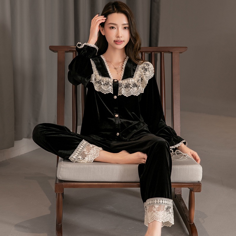 Bộ Đồ Ngủ Nữ Thu Đông Mới Nhung Vàng Áo cardigan Phù Hợp Với Phong Cách Hàn Quốc Rời Ngọt Ngào Dễ Thương Ren Mặc Ở Nhà