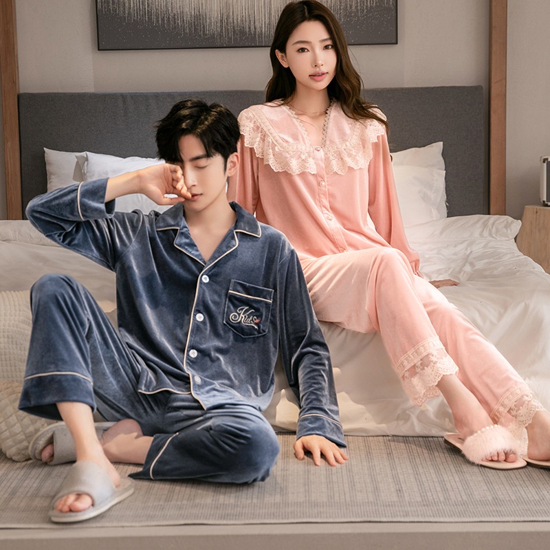 Bộ Đồ Ngủ Nữ Thu Đông Mới Nhung Vàng Áo cardigan Phù Hợp Với Phong Cách Hàn Quốc Rời Ngọt Ngào Dễ Thương Ren Mặc Ở Nhà