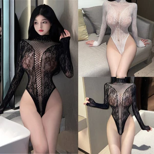 Vic Nữ Rỗng Hoa Ren Lưng Body Hộp Đêm Sheer Fishnet Quần Lót Dài Tay Cổ Leotard Top